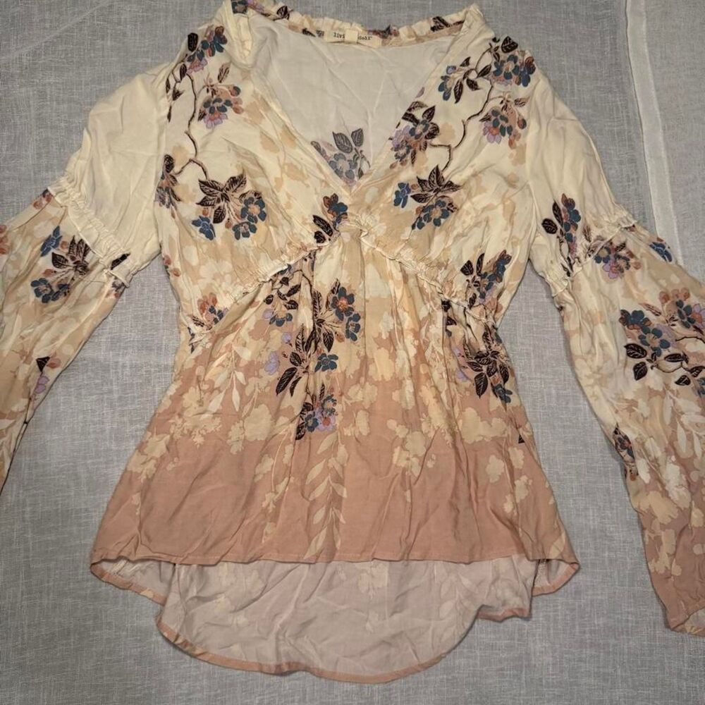 Boho Floral Bell Sleeve Top Cream Pink Deep V Blouse Medium
